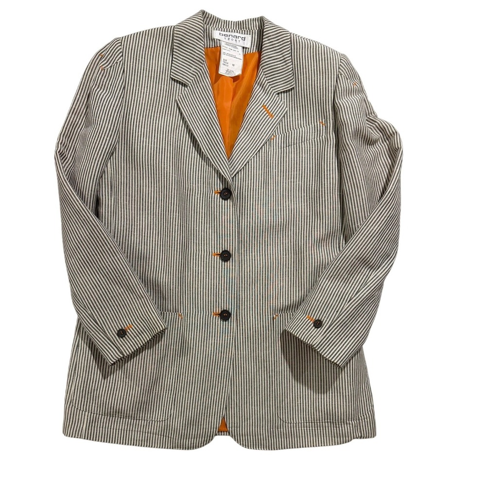 Benard Sport Linen Rayon Striped Blazer Womens Size 10 Orange Trim Jacket